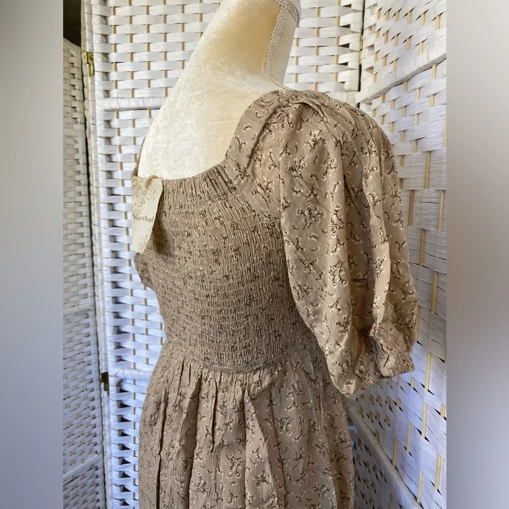 NWT Hem & Thread Taupe Floral Off Shoulder Puff Sleeve MIDI Dress size S - Picture 14 of 15